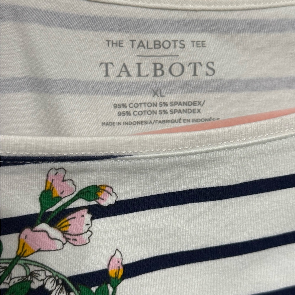 Talbots White & Black Striped Fitted Floral Embellished Long Sleeve Tee NWT - Picture 4 of 5